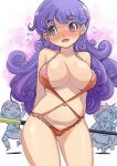  1girl 2boys areola_slip averting_eyes blush covered_nipples curly_hair dragon_quest dragon_quest_ii eyelashes flying_sweatdrops highres long_hair multiple_boys muramasa_mikado navel one-piece_swimsuit prince_of_lorasia prince_of_samantoria princess_of_moonbrook purple_eyes purple_hair red_one-piece_swimsuit revealing_swimsuit_(dq) solo_focus staff swimsuit thighs 