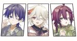  3boys blue_eyes choker closed_mouth genshin_impact green_eyes green_hoodie grey_jacket hair_between_eyes hair_ornament hairclip hood hoodie jacket kaedehara_kazuha male_focus multicolored_hair multiple_boys one_eye_closed open_mouth purple_hair red_eyes red_hair red_shirt scaramouche_(genshin_impact) shikanoin_heizou shirt short_hair white_hair x_hair_ornament y0moru 