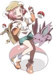  1girl absurdres animal bag blossom_(pokemon) claws hair_ornament hat highres holding holding_poke_ball looking_at_viewer nidoran nidoran_(male) open_mouth poke_ball pokemon pokemon_(anime) pokemon_(creature) poketoon sheyona shoes short_hair shorts socks 