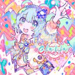 1girl :d album_cover animal_ears arm_up bear_ears blue_eyes blue_flower blue_hair blue_nails blue_ribbon commentary_request cover eggshell flower hair_between_eyes hair_flower hair_ornament hand_up highres index_finger_raised indie_utaite kiato kotono_(utaite) long_sleeves looking_at_viewer nail_polish open_hand open_mouth outstretched_arm pink_background pointing pointing_up ribbon second-party_source short_hair smile solo utaite 