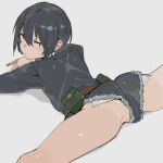  1girl androgynous ass bad_id bad_twitter_id belt belt_pouch black_hair black_jacket black_shorts brown_belt cutoffs dot_mouth ettone exposed_pocket expressionless feet_out_of_frame from_behind hair_between_eyes head_lift highres jacket jitome kino_(kino_no_tabi) kino_no_tabi long_sleeves looking_at_viewer looking_back lying on_stomach partially_visible_vulva pouch shadow shiny_skin short_hair short_shorts shorts simple_background solo split spread_legs thighs tomboy white_background wide_spread_legs 