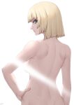  1girl blonde_hair blue_eyes blunt_bangs bob_cut breasts commentary from_behind hand_on_own_hip highres light_censor looking_at_viewer looking_back nude original short_hair small_breasts solo sthreep upper_body 