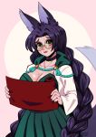 animal_humanoid blush braided_hair breasts canid canid_humanoid canine canine_humanoid clothed clothing eyebrows eyewear female fingers fox_humanoid glasses green_eyes hair hi_res humanoid long_hair mammal mammal_humanoid powderrune solo tail tailed_humanoid