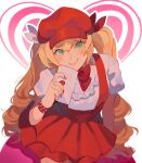  1girl absurdres alternate_costume blonde_hair blush bow bowtie dokibird_(vtuber) english_commentary green_eyes hair_between_eyes hat heart highres holding holding_letter indie_virtual_youtuber letter long_hair looking_at_viewer love_letter mararu puffy_short_sleeves puffy_sleeves red_bow red_bowtie red_headwear red_nails short_sleeves signature skirt smile solo suspender_skirt suspenders twintails upper_body valentine virtual_youtuber white_background 