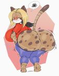 anthro big_breasts big_butt blonde_hair bottomwear bottomwear_pull breasts butt cheetah clothing clothing_pull dipstick_tail english_text exclamation_point felid feline female hair hi_res huge_breasts huge_butt looking_back mammal markings onomatopoeia orange_hair pants pants_pull purple_yoshi_draws shirt solo sound_effects speech_bubble spots spotted_body struggling_to_fit tail tail_markings tan_body text thick_thighs topwear wide_hips