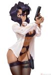  &quot;mrnemes71454482&quot; ai-generated breasts dark-skinned_female dark_skin gun gunsmith_cats highres holding holding_gun holding_weapon lingerie non-web_source solo tan tomboy underwear weapon white_background 