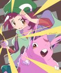  1girl animal bag blossom_(pokemon) claws commentary_request green_headwear green_shorts hair_ornament hand_on_headwear hat highres holding holding_poke_ball medium_hair nidoran nidoran_(male) open_mouth poke_ball pokemon pokemon_(anime) pokemon_(creature) poketoon shorts tooth tsumayouji_(tsumayoooooji12) watermark 