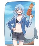  1girl alternate_costume beach bear_hair_ornament bikini black_shorts blue_eyes blue_hair blue_jacket blue_sky border commentary cowboy_shot day double-parted_bangs drawstring drop_shadow english_commentary finger_on_trigger fins fish_tail gawr_gura grey_hair hair_between_eyes hair_ornament hand_on_own_hip hand_up highres holding holding_water_gun hololive hololive_english hood hood_down hooded_jacket jacket long_hair long_sleeves looking_at_viewer mittsu multicolored_hair navel ocean one_side_up open_clothes open_jacket outdoors shark_print shark_tail short_shorts shorts single_vertical_stripe sketch sky solo standing straight_hair streaked_hair super_soaker swimsuit tail two-tone_hair v-shaped_eyebrows virtual_youtuber water_gun white_border 