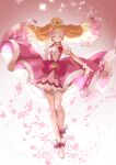  1girl absurdres bare_legs blonde_hair boots bow bowtie buttons center_frills cherry_blossoms chinese_commentary choker closed_eyes closed_mouth clothes_lift colored_tips commentary_request cure_flora dress dress_lift earrings eyelashes flower flower_choker flower_earrings footwear_bow frills full_body gloves go!_princess_precure gold_headwear gradient_background hair_bun hand_on_own_chest haruno_haruka highres jewelry knees long_dress long_hair magical_girl miniskirt multicolored_hair open_clothes open_dress outstretched_arm petals petticoat pink_background pink_bow pink_bowtie pink_dress pink_flower pink_hair pink_skirt precure puffy_short_sleeves puffy_sleeves short_sleeves simple_background single_hair_bun skirt smile solo streaked_hair tiara waist_bow white_background white_choker white_flower white_footwear white_gloves white_sleeves xiao_gu_(xg112) 