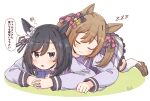  2girls :3 =_= animal_ears annoyed black_hair blush brown_hair cellphone closed_eyes closed_mouth eishin_flash_(umamusume) highres horse_ears horse_girl horse_tail lying multiple_girls phone rakugakiraid school_uniform sleeping smart_falcon_(umamusume) tail translation_request umamusume white_background zzz 