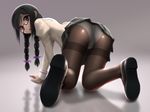  akemi_homura all_fours ass black_hair black_legwear braid crotch_seam glasses long_hair long_legs looking_back mahou_shoujo_madoka_magica panties panties_under_pantyhose pantyhose purple_eyes red-framed_eyewear school_uniform shiny shiny_clothes siraha solo thighband_pantyhose twin_braids underwear 