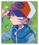  1boy auko baseball_cap blue_eyes blue_jacket border brown_hair color_guide commentary_request frown green_background hat hilbert_(pokemon) jacket looking_at_viewer male_focus one_eye_closed poke_ball_print pokemon pokemon_bw short_hair signature simple_background solo splatter visor_cap 
