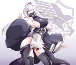  1girl anchor_symbol azur_lane bare_shoulders belt black_panties boots breasts coat colorado_(azur_lane) covered_mouth cowboy_shot detached_sleeves dress eyebrows_visible_through_hair gradient gradient_background grey_background gudon_(iukhzl) hair_over_one_eye hairband large_breasts logo long_hair long_sleeves looking_at_viewer panties red_eyes sideboob sleeveless sleeveless_dress solo standing thigh_boots thighhighs underwear white_background white_hair wide_sleeves 