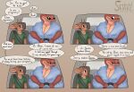 4_panel_comic 5_fingers absurd_res age_difference anthro antlers big_breasts blue_clothing blue_shirt blue_topwear breasts brown_body brown_fur car cleavage clothed clothing comic constrained deer dialogue driving duo english_text eyewear female fingers fur glasses green_clothing green_shirt green_topwear hi_res horn huge_breasts hyper hyper_breasts larger_female lighter_belly long_neck male male/female mammal mature_female red_body reptile sandra_(somekindofsnake) scalie scott_(somekindofsnake) shirt simple_background size_difference smaller_male snake somekindofsnake speech_bubble teasing text topwear vehicle younger_male
