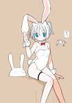  2girls :&lt; agoshi_sakina animal_ears arm_support bare_shoulders blue_eyes blush bow bowtie breasts brown_background creature doodle_inset fake_animal_ears fake_tail feet_out_of_frame hair_horns hairband highleg highleg_leotard highres invisible_chair knees_together_feet_apart kokaki_mumose leotard looking_at_viewer medium_breasts moneko_(null-meta) multiple_girls null-meta rabbit_ears rabbit_tail red_bow red_bowtie short_hair short_ponytail simple_background sitting solo_focus strapless strapless_leotard tail takada_shiyuki thigh_strap thought_bubble translation_request white_hair white_hairband white_leotard 