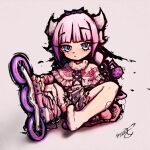  1girl beads black_hairband blue_eyes blunt_bangs blush capelet closed_mouth dragon_girl dragon_horns feet floofsmear frilled_capelet frills full_body gradient_hair hair_beads hair_ornament hairband horns inline_skates kanna_kamui kobayashi-san_chi_no_maidragon legs low_twintails mixed_media multicolored_hair pink_hair purple_hair roller_skates simple_background sitting skates socks solo tail thick_outlines thighhighs twintails two-tone_hair white_background white_socks white_thighhighs 