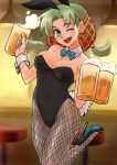  1girl alcohol animal_ears bare_shoulders beer beer_mug bis_toratora black_leotard bow bowtie breasts cleavage covered_navel cup detached_collar earrings fake_animal_ears fake_tail fishnet_pantyhose fishnets grandia grandia_i green_hair highleg highleg_leotard holding jewelry leotard lily_(grandia) long_hair looking_at_viewer mug one_eye_closed open_mouth pantyhose playboy_bunny rabbit_ears rabbit_tail smile solo stool strapless strapless_leotard tail wrist_cuffs 