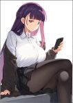  1girl absurdres black_skirt black_sweater blunt_bangs blush breasts brown_pantyhose cellphone collared_shirt dress_shirt fern_(sousou_no_frieren) highres kei_(soundcross) large_breasts long_hair long_sleeves looking_at_viewer off_shoulder pantyhose phone purple_eyes purple_hair shirt sidelocks sitting skirt solo sousou_no_frieren sweater thighs white_shirt 