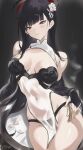  1girl bare_shoulders black_hair blue_archive blush breasts china_dress chinese_clothes cleavage commentary_request dress hair_ornament hairclip halo highres large_breasts long_hair looking_at_viewer parfaitlate red_eyes rio_(blue_archive) solo 