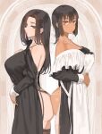  2girls ass backless_dress backless_outfit black_dress black_hair brown_eyes closed_mouth collarbone commentary_request dark-skinned_female dark_skin dress frilled_dress frills from_side highres long_hair long_sleeves looking_at_viewer maid medium_hair multiple_girls original red_lips standing throtem two-tone_dress 