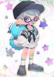  1boy artist_name bandaid bandaid_on_face bandaid_on_leg baseball_cap black_headwear black_shorts blue_bag blue_footwear collarbone commentary_request cross-laced_footwear full_body grey_hair hat highres inkling_boy inkling_player_character jellyfish_(splatoon) multicolored_background naoki_(oosuko) open_mouth pointy_ears purple_eyes sailor_collar sailor_shirt shirt shoes short_hair short_shorts shorts smile socks solo splatoon_(series) standing starry_background teeth tentacle_hair twitter_username upper_teeth_only watermark white_socks 