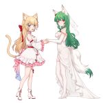  2girls :d absurdres alternate_costume animal_ear_fluff animal_ears arisa_maple backless_dress backless_outfit bare_shoulders bell_sleeves blonde_hair blue_eyes blush body_writing boots bow braid breasts bridal_veil cat_ears cat_girl cat_tail chinese_clothes chinese_commentary choker commentary_request covered_navel cross-laced_footwear detached_sleeves dress elbow_gloves facing_another facing_to_the_side fish_hair_ornament fox_ears fox_girl fox_tail french_braid frilled_sleeves frills full_body gloves green_hair green_tail hair_bow hair_ornament hairclip hanazono_serena hand_grab heterochromia high_heel_boots high_heels highres indie_virtual_youtuber leg_ribbon long_hair looking_at_viewer medium_breasts miyayoki multiple_girls purple_eyes red_bow red_eyes red_ribbon ribbon see-through see-through_dress simple_background skindentation smile standing tail thigh_ribbon thighhighs two-tone_tail veil virtopia_club virtual_youtuber wedding_dress white_background white_choker white_dress white_footwear white_gloves white_tail white_thighhighs white_veil wide_sleeves x_hair_ornament yellow_tail 