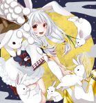  1girl animal animal_ears crescent crescent_hair_ornament dress food full_moon fur-trimmed_dress fur_trim hair_ornament highres holding holding_mallet kine long_hair low-tied_long_hair mallet mochi moon obi open_mouth orange_hair original rabbit rabbit_ears rabbit_girl sash short_dress short_sleeves smile solo suzuko_(suzukosz) tsukimi white_hair 