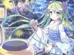  aerial_fireworks blush fireworks flower green_eyes green_hair hair_flower hair_ornament hair_ribbon hatsune_miku japanese_clothes jin_young-in kimono lantern long_hair microphone microphone_stand nail_polish night obi open_mouth ribbon sash solo twintails very_long_hair vintage_microphone vocaloid 