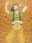  1boy black_hair closed_eyes commentary_request curly_hair facial_hair flower goatee highres long_hair long_nose male_focus one_piece open_mouth overalls shiruko_(mikan4649) short_sleeves smile solo teeth usopp 