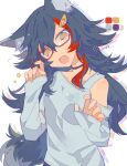  1girl animal_ear_fluff animal_ears auko black_hair clothing_cutout color_guide commentary_request glasses hololive hood hoodie long_hair looking_at_viewer messy_hair multicolored_hair ookami_mio ookami_mio_(3rd_costume) rectangular_eyewear red-framed_eyewear red_hair shirt shoulder_cutout signature simple_background single_bare_shoulder sleeves_past_wrists solo star_(symbol) streaked_hair tail upper_body virtual_youtuber white_background white_shirt wolf_ears wolf_girl wolf_tail yellow_eyes 