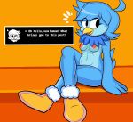 absurd_res anthro avian bird blackmore blue_body breasts clothing dialogue digital_media_(artwork) female footwear fur furniture hi_res inside martlet_(undertale_yellow) navel nipples nude shoes small_breasts solo table tail undertale_yellow