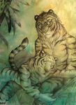  anthro bamboo chest_tuft duo feline forest fur gay looking_at_viewer lying male mammal mixed_media nude on_front on_lap pen_(art) pink_nose ringed_tail shalinka sitting striped_fur stripes tiger traditional_media tree tuft watercolor_(art) white_tiger 