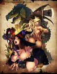  amazon_(dragon's_crown) areola_slip areolae armlet armor ass back bare_shoulders between_breasts bikini_armor blonde_hair blush boots breasts brown_hair cleavage coin crown detached_sleeves dragon dragon's_crown dress feathers from_behind green_eyes halberd hand_on_own_chest hat jewelry large_breasts looking_back multiple_girls muscle muscular_female open_mouth piercing polearm purple_eyes ring saliva saliva_trail sayo_tanku sorceress_(dragon's_crown) squatting staff strapless strapless_dress sword tongue tongue_piercing weapon wings witch_hat 