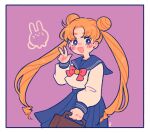  1girl bag bishoujo_senshi_sailor_moon blonde_hair blush border bow bowtie briefcase double_bun earrings hair_bun highres holding holding_bag jewelry long_hair long_sleeves michiru_(mnmn_cheese) open_mouth parted_bangs pleated_skirt purple_background purple_eyes school_uniform serafuku skirt smile solo thick_eyebrows tsukino_usagi twintails very_long_hair 