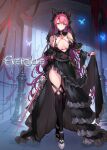  1girl animal_ears artist_request bare_shoulders black_dress breasts bug butterfly cinderella_(evertale) closed_mouth commentary_request copyright_name covered_navel detached_collar detached_sleeves dress evertale fake_animal_ears frilled_dress frills full_body hair_ornament highres holding holding_weapon indoors large_breasts logo long_hair looking_at_viewer official_art pink_hair rapier shiny_skin shoes skirt_hold sleeveless sword thighhighs thighs twintails weapon 