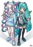  2girls blonde_hair blue_eyes blue_hair blush boots bow bowtie chouzetsusaikawa_tenshi-chan collared_shirt detached_sleeves food full_body hair_bow hatsune_miku headset heart highres holding holding_food holding_hands long_hair long_sleeves mika_no_nijika multiple_girls nail_polish necktie needy_girl_overdose pill pink_hair platform_footwear pleated_skirt quad_tails school_uniform serafuku shirt skirt sleeveless sleeveless_shirt smile spring_onion thigh_boots twintails very_long_hair 