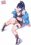  1girl :/ absurdres artist_logo black_hair blue_eyes blue_jacket breasts cleavage closed_mouth commentary gridman_universe highres jacket juaag_acgy large_breasts leg_tattoo long_hair looking_at_viewer multicolored_clothes multicolored_jacket navel off_shoulder official_alternate_costume official_alternate_hairstyle open_clothes open_jacket ponytail red_socks red_trim sitting socks solo ssss.gridman takarada_rikka tattoo thick_thighs thigh_strap thighs two-tone_footwear white_background white_footwear white_jacket 