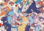  1girl 6+others arven_(pokemon) auko black_hair black_hoodie blue_hair blue_headwear blue_vest brown_eyes brown_hair character_doll closed_eyes collared_shirt comiket_102 commentary_request cover cover_page doujin_cover eevee espeon flareon glaceon glasses green_hair grey_eyes hair_over_one_eye hood hoodie jolteon juliana_(pokemon) leafeon light_brown_hair lying multicolored_hair multiple_others necktie nemona_(pokemon) on_side orange_necktie orange_pants outstretched_arms pants penny_(pokemon) poke_ball poke_ball_print pokemon pokemon_(creature) pokemon_sv red_eyes red_hair round_eyewear shirt spread_arms star_(symbol) streaked_hair stuffing sylveon two-tone_hair umbreon vaporeon vest white_shirt yarn yarn_ball |_| 