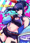  1girl bare_shoulders black_gloves black_hair black_skirt blue_eyes blue_jacket breasts cleavage closed_mouth commentary dutch_angle gloves gridman_universe hair_ribbon highres holding holding_phone jacket karan_koron100 long_hair looking_at_viewer medium_breasts microskirt multicolored_clothes multicolored_jacket navel off_shoulder official_alternate_costume official_alternate_hairstyle phone ponytail ribbon simple_background skirt solo ssss.gridman takarada_rikka thigh_strap white_jacket 