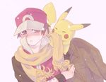  alternate_costume bad_id bad_pixiv_id bag baseball_cap brown_eyes brown_hair closed_eyes gen_1_pokemon hat mouth_hold pikachu pokemon pokemon_(creature) pokemon_(game) pokemon_frlg pokemon_hgss red_(pokemon) red_(pokemon_frlg) scarf snowing yahhoho 