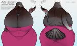 absurd_res anthro avian band1tnsfw belly belly_overhang big_breasts big_butt bird breasts butt clothing columbid digital_drawing_(artwork) digital_media_(artwork) dress english_text feathers female female_anthro front_view grey_body grey_feathers hi_res huge_breasts jewelry mature_anthro mature_female necklace pigeon pink_clothing portrait rear_view simple_background smoking solo sylvia_pennington_(band1tnsfw) text thick_thighs tight_clothing tight_dress