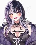  1girl black_choker black_coat black_dress black_hair breasts choker cleavage coat dress fur_collar grey_hair highres hololive hololive_english lace-trimmed_choker lace_trim large_breasts long_hair multicolored_hair open_mouth purple_coat sein_025 shiori_novella shiori_novella_(1st_costume) sleeveless sleeveless_dress smile solo split-color_hair two-sided_coat two-sided_fabric virtual_youtuber white_background yellow_eyes yorick_(shiori_novella) 