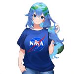  1girl aged_up ai-generated blue_eyes blue_hair blue_pants blue_shirt closed_mouth commentary denim earth-chan english_commentary green_hair jeans looking_at_viewer mature_female multicolored_hair nasa_logo non-web_source original pants shirt smile solo t-shirt two-tone_hair 