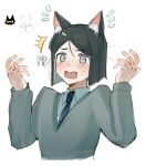  !? 1boy animal_ear_fluff animal_ears arms_up black_cat black_hair blue_necktie blush cat cat_ears collared_shirt cropped_torso fangs fate/zero fate_(series) grey_eyes grey_sweater hair_between_eyes highres kemonomimi_mode lord_el-melloi_ii male_focus necktie open_mouth shirt short_hair solo surprised sweatdrop sweater tokoni_fusu waver_velvet white_shirt 