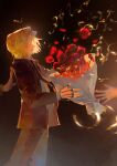  1boy androgynous blonde_hair blue_tabard bouquet celebration chain feet_out_of_frame flower from_side highres holding holding_bouquet hun_bbokbbok hunter_x_hunter kurapika long_sleeves male_focus official_art pushing rose smile solo_focus standing suit tabard throwing wide-eyed 