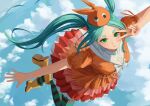  1girl absurdres aqua_hair blue_sky boots closed_mouth cloud day dress falling googly_eyes green_eyes highres long_hair looking_at_viewer midair monogatari_(series) nemo_ringo ononoki_yotsugi orange_dress orange_headwear outdoors pantyhose rubber_boots sky solo striped_clothes striped_pantyhose twintails v v_over_eye yellow_footwear 