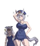  +++ 2girls animal_ears bare_shoulders blue_headwear blush_stickers collarbone commentary competition_school_swimsuit covered_abs cowboy_shot ear_covers ears_back ears_through_headwear false_smile fukuro_(maruaru00) genderswap genderswap_(mtf) grey_hair hair_between_eyes hand_on_headwear hand_up hat highres hishi_miracle_(umamusume) horse_ears horse_girl horse_tail kurofune_(racehorse) medium_hair military_hat multiple_girls original peaked_cap personification purple_eyes school_swimsuit shaded_face short_hair sideways_glance simple_background smile swimsuit tail toned umamusume weight_conscious white_background yellow_eyes 