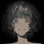  1other absurdres androgynous bare_shoulders black_background black_hair blunt_bangs clenched_teeth crying crying_with_eyes_open greyscale highres looking_at_viewer monochrome original other_focus portrait short_hair simple_background teardrop tears teeth torino_kawazu 