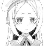  1girl beret blush closed_mouth collared_shirt commentary_request graphite_(medium) hat k_terukazu long_bangs long_hair looking_at_viewer mahou_shoujo_ni_akogarete monochrome morino_korisu neck_ribbon ribbon shirt simple_background solo traditional_media upper_body 