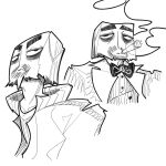  1boy bag_over_head bow bowtie cigar facial_hair highres indie_virtual_youtuber jacket jitome manny_mcmannington_(vtuber) monochrome must_alt open_clothes open_jacket shirt smoking suit suit_jacket thick_eyebrows track_jacket virtual_youtuber white_background white_shirt 